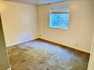 Carpeted room featuring a single window with horizontal blinds, white baseboards, and neutral wall tones