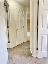 Neutral-toned carpeting extends throughout this hallway with white paneled doors
