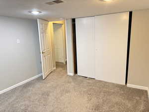 Plush carpeted flooring with light gray walls, white trim, and a white six-panel interior door