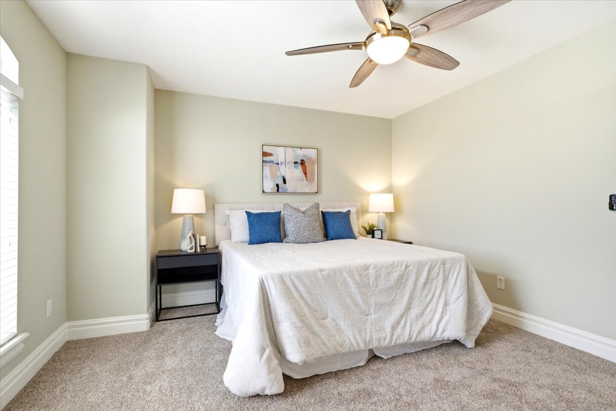 Bedroom featuring a ceiling fan with light fixture, neutral wall paint, and plush carpet flooring