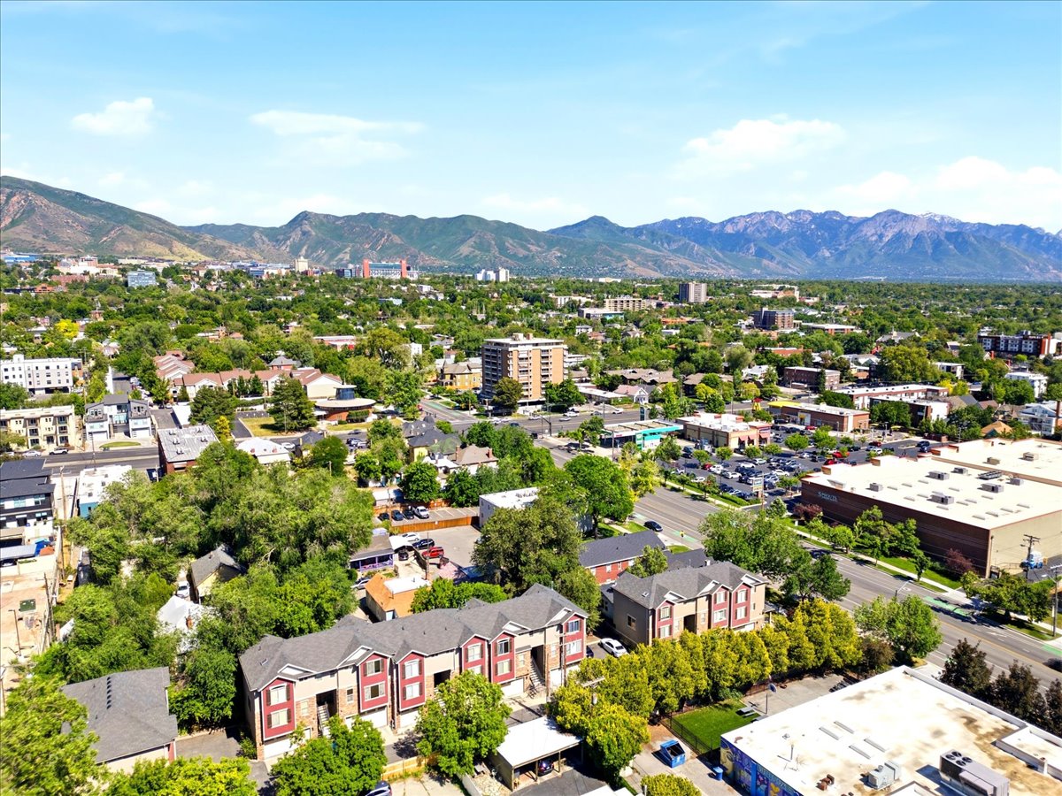 Expansive aerial perspective showcasing a vibrant urban landscape with prominent mountain backdrops