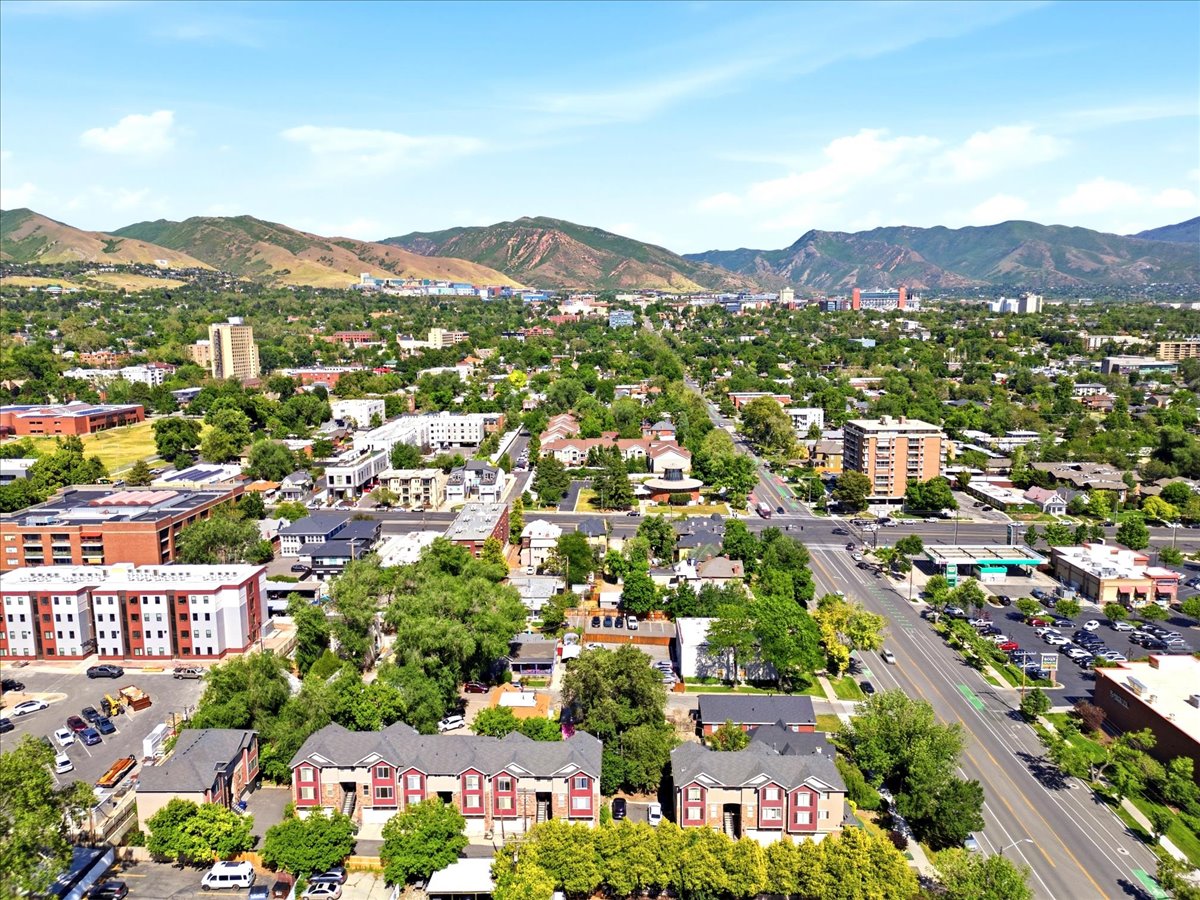 Expansive aerial view showcasing a vibrant urban landscape with extensive tree canopy and surrounding mountain ranges