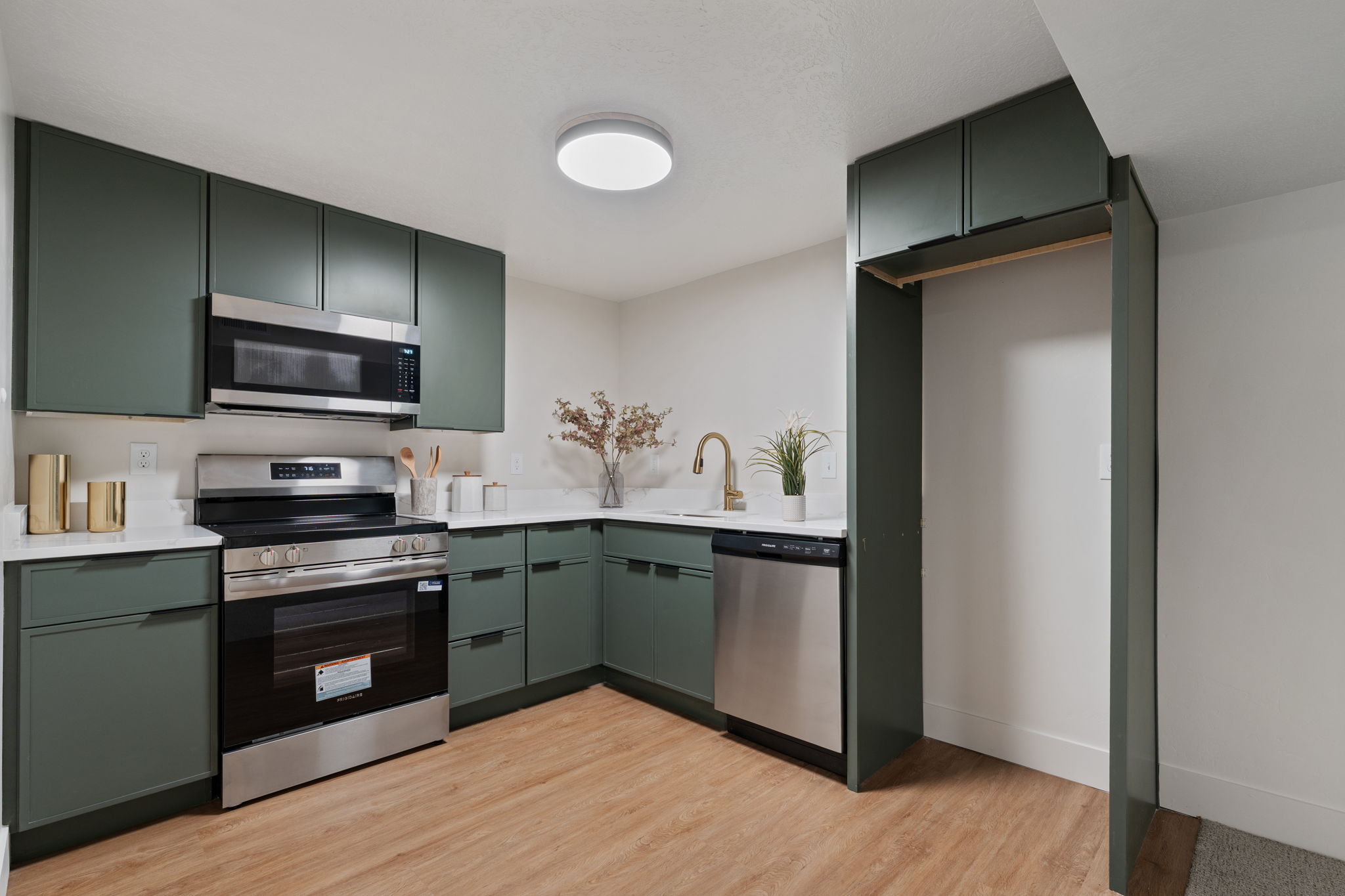 Kitchen featuring dark green cabinetry, stainless steel appliances, white countertops, and wood-finish flooring