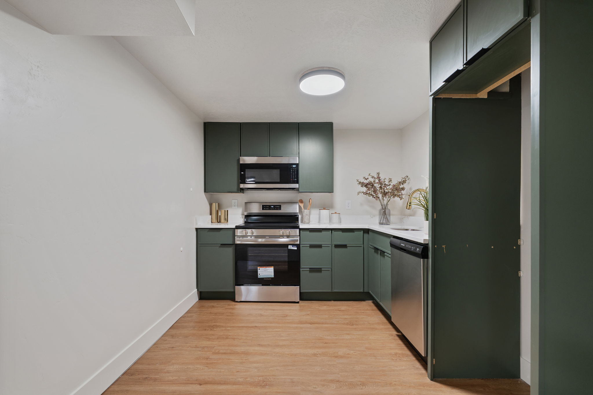 Kitchen featuring matte green cabinetry, stainless steel appliances, white countertops, and wood-finish flooring