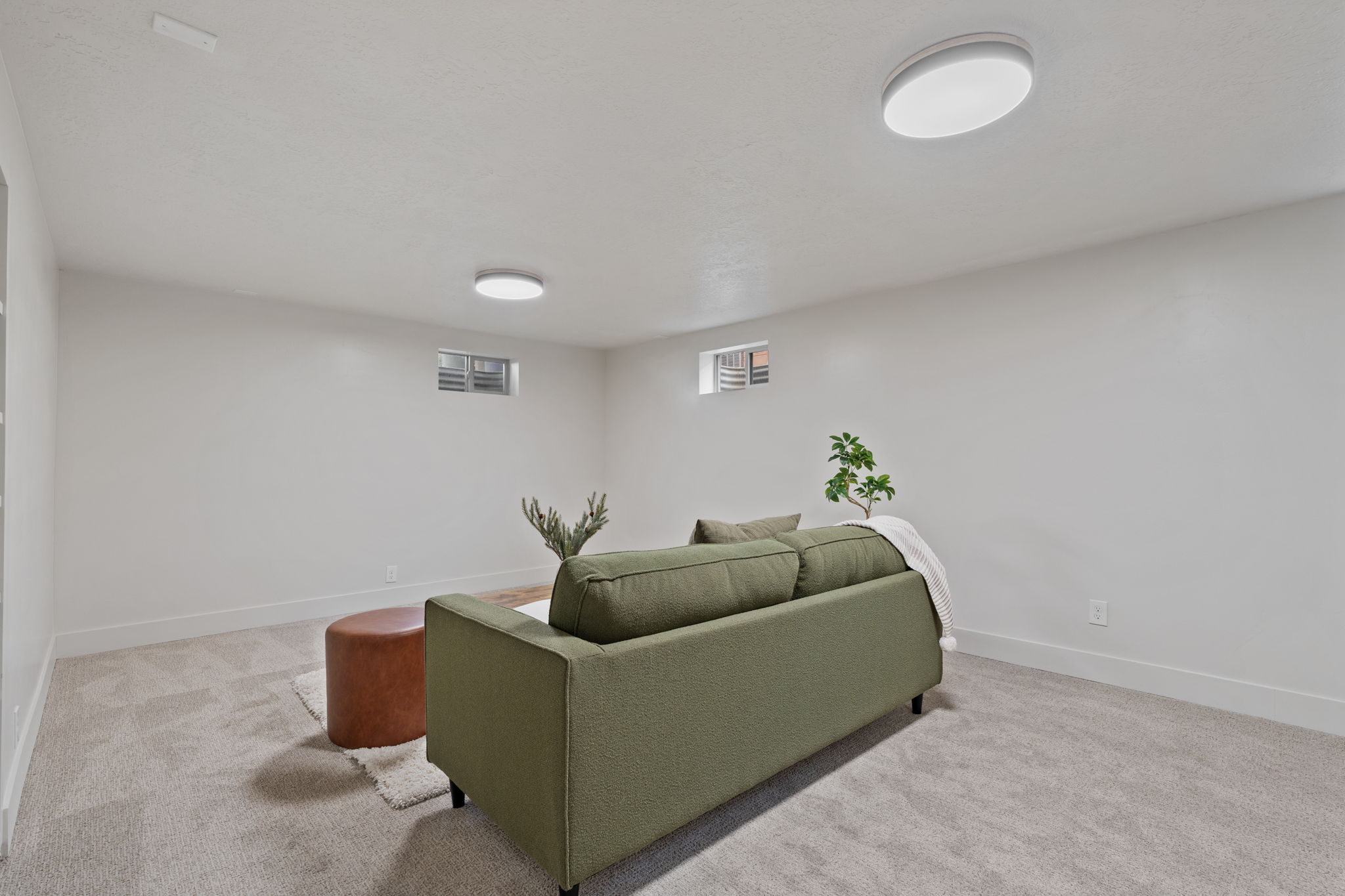 Spacious room featuring light-colored carpeting, white baseboards, and two flush-mount ceiling lights