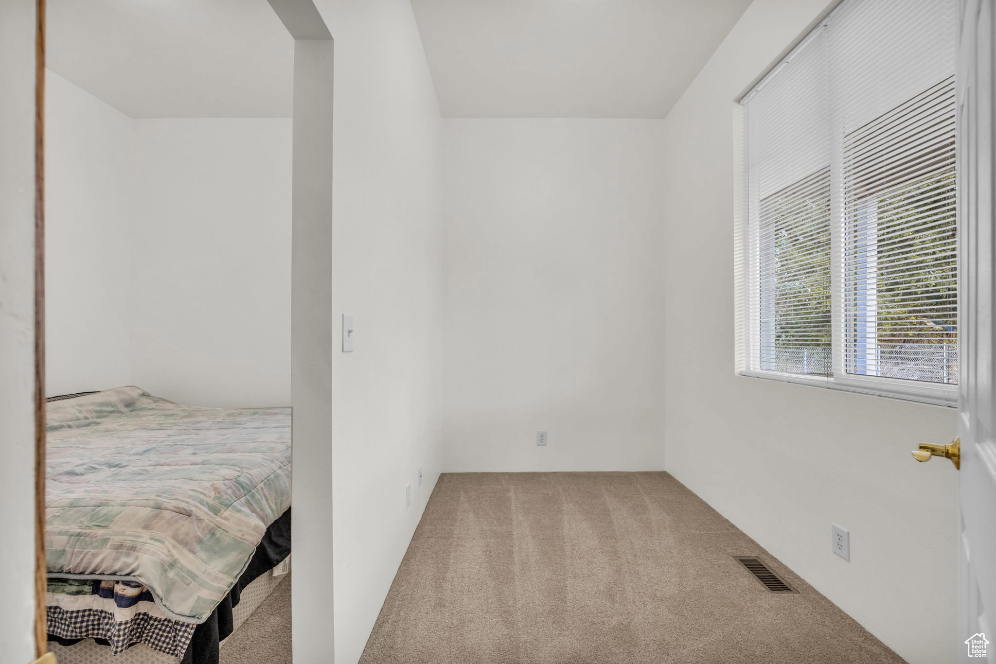 Carpeted room with white walls, a large window featuring horizontal blinds, and a brass-finish doorknob