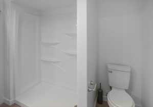 White shower stall with integrated shelving and a white ceramic toilet