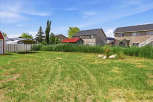 Expansive grass yard with a metal carport structure and a red-roofed shed