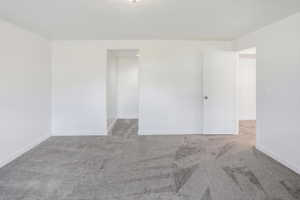 Spacious room featuring light gray carpeting, white walls, and white trim