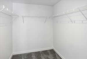 White wire shelving system on three walls, white baseboards, and gray carpet flooring