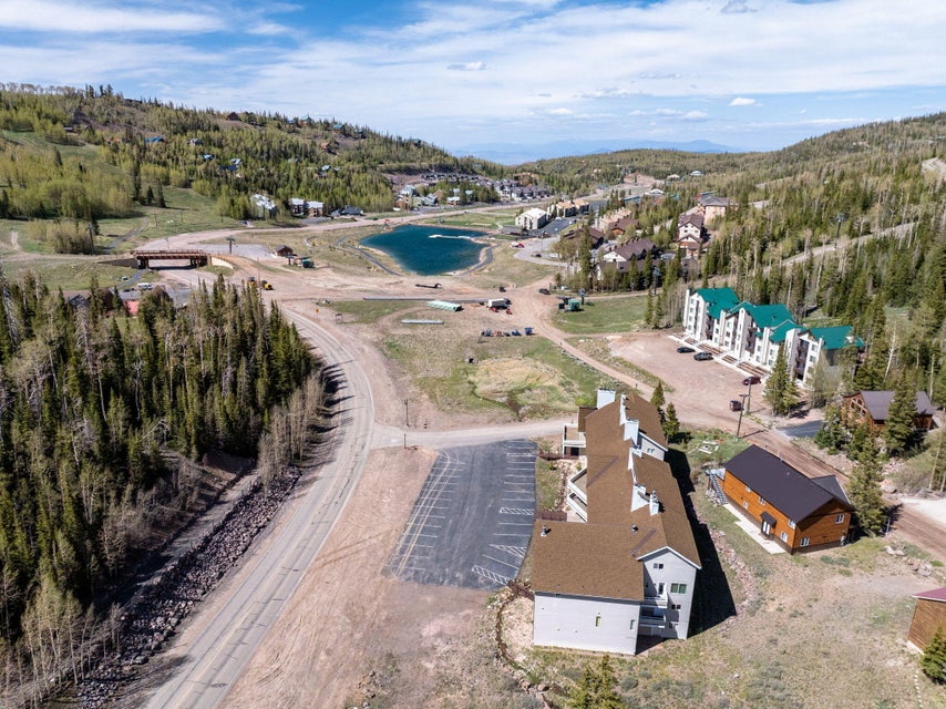 Elevated perspective of a mountainous landscape featuring various properties, dense evergreen tree coverage, and a central body of water