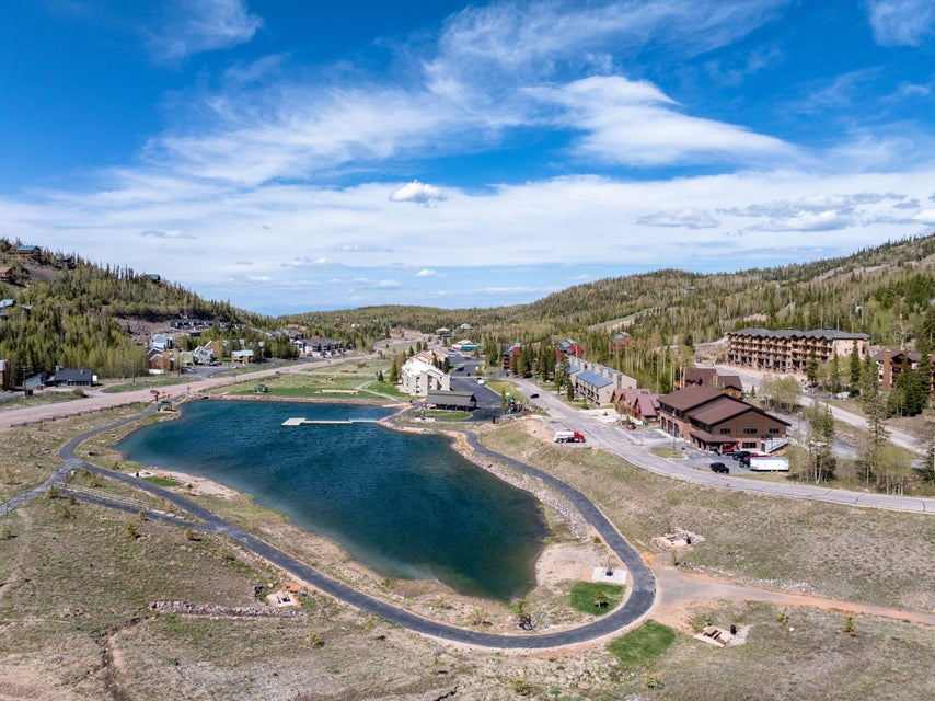 Elevated aerial perspective showcasing a community lake with a dock, surrounded by paved walking paths and mature trees