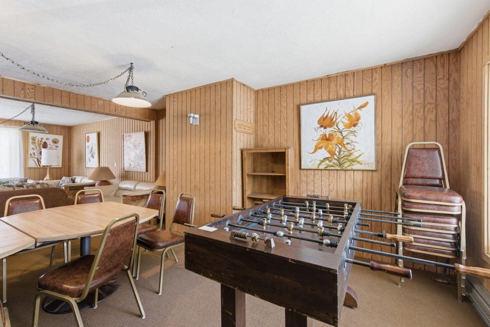 Recreation room featuring wood paneling, carpet flooring, and a built-in shelving unit
