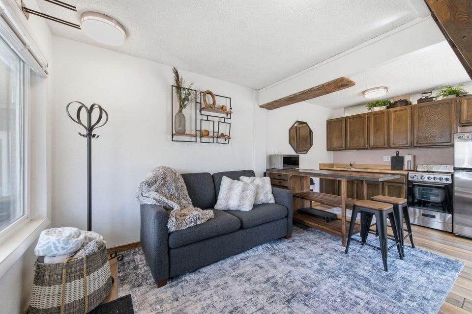Open-concept living area featuring a compact kitchen with wood-finish cabinetry, stainless steel appliances, and a wood-finish dining counter