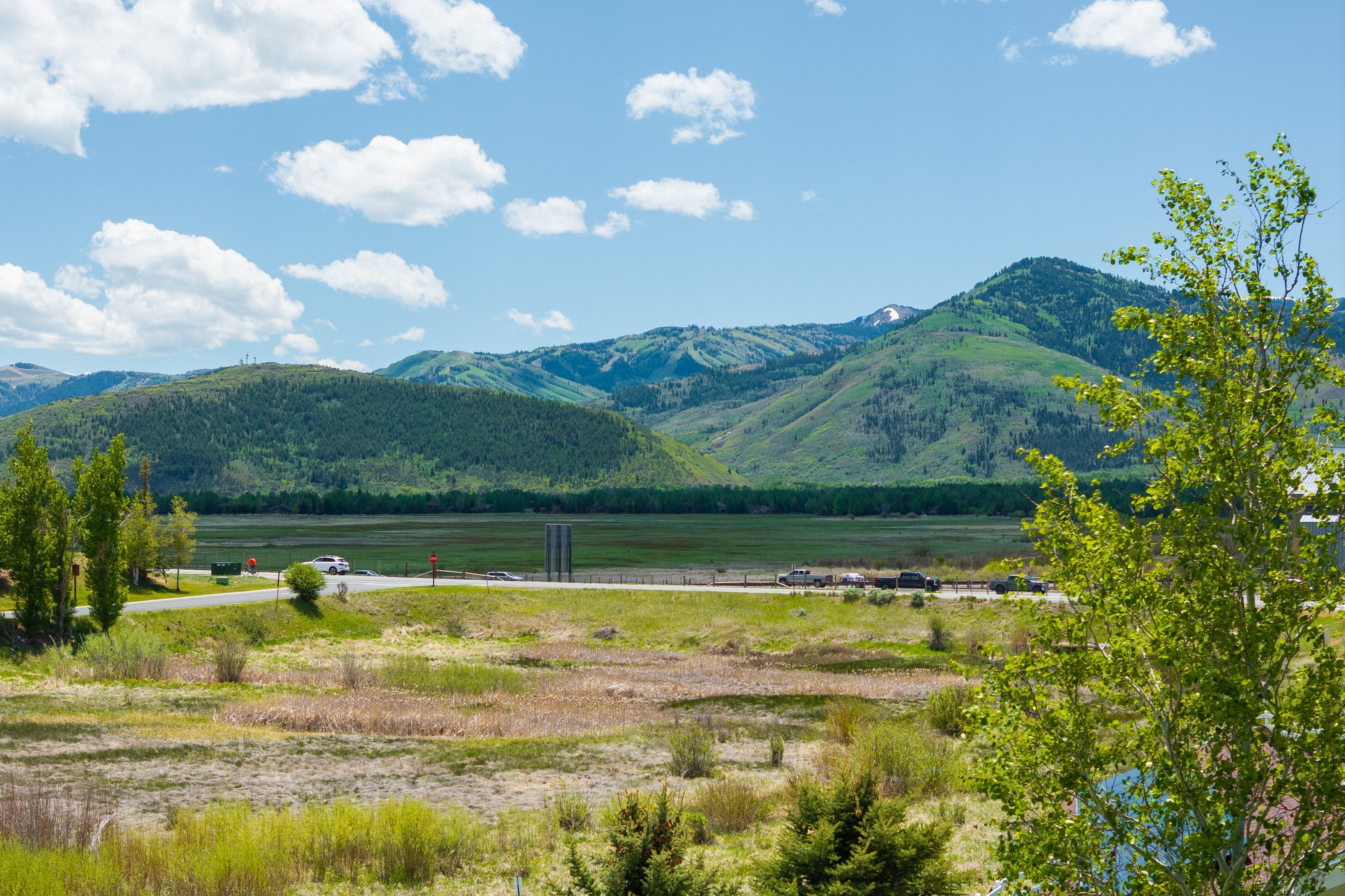 Expansive mountain scenery featuring distant peaks with scattered snow, lush green hillsides, and a wide valley with wetlands