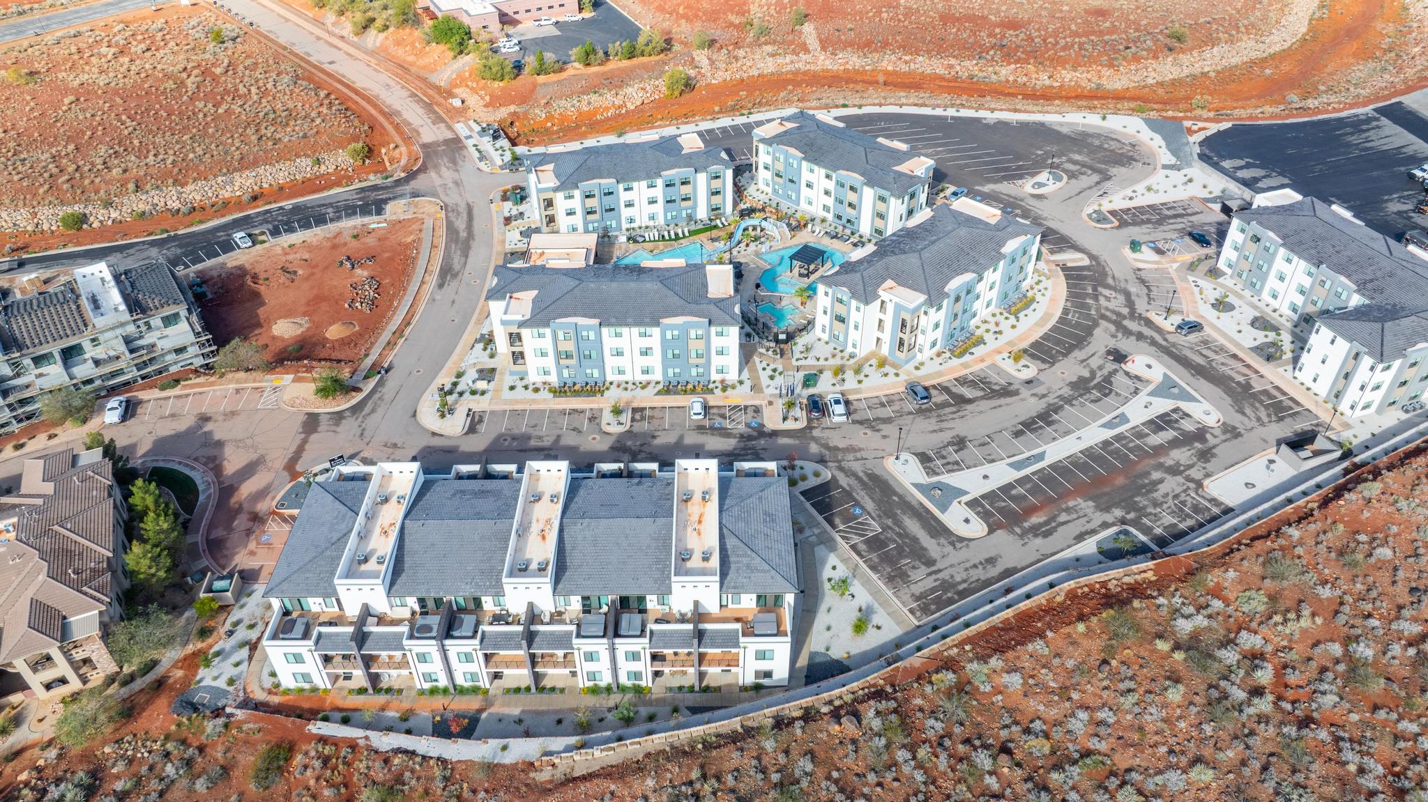 Aerial perspective of a multi-building residential complex