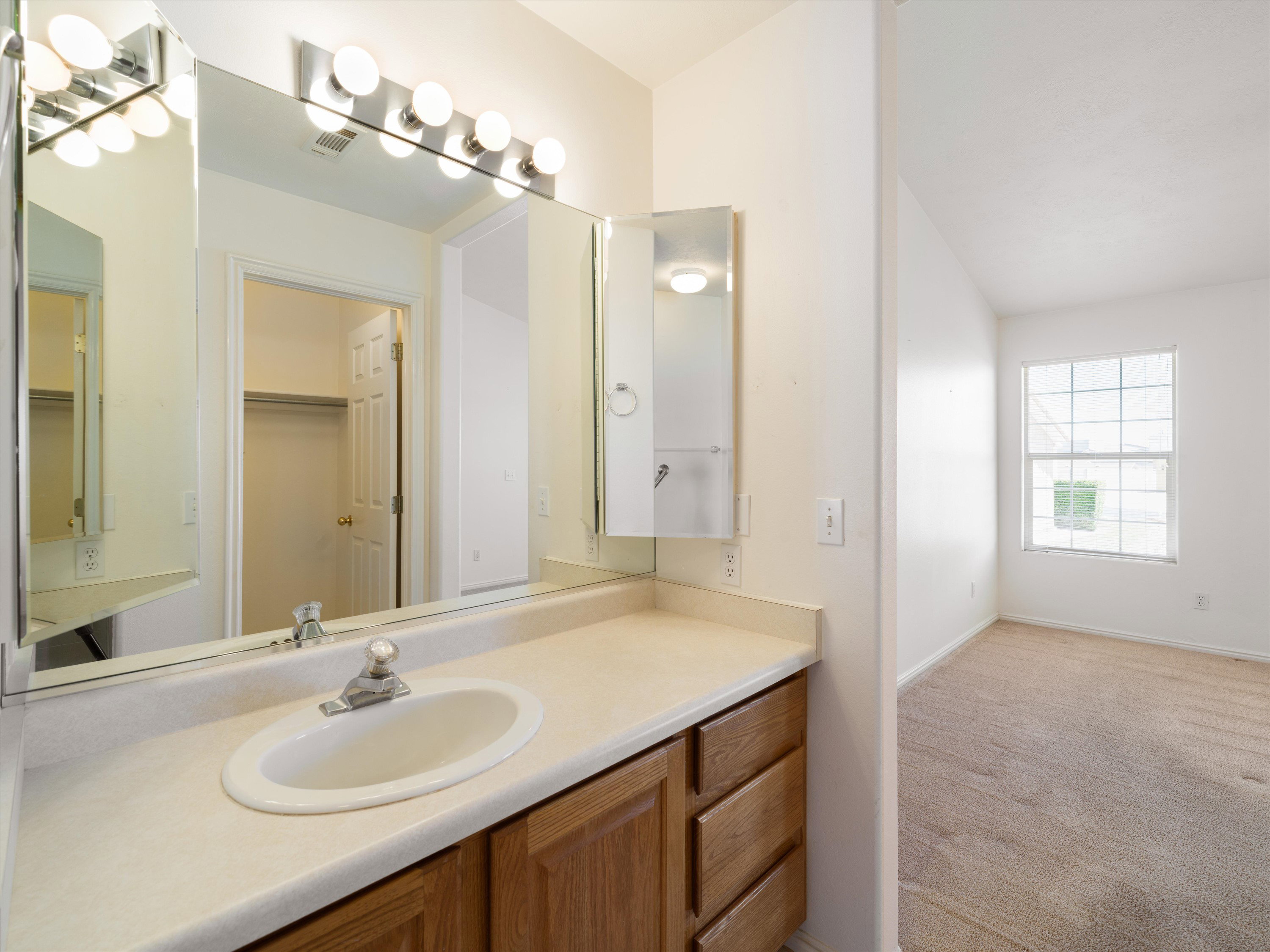 Bathroom vanity featuring a built-in sink, wood-finish cabinetry, and a large wall-mounted mirror with overhead lighting