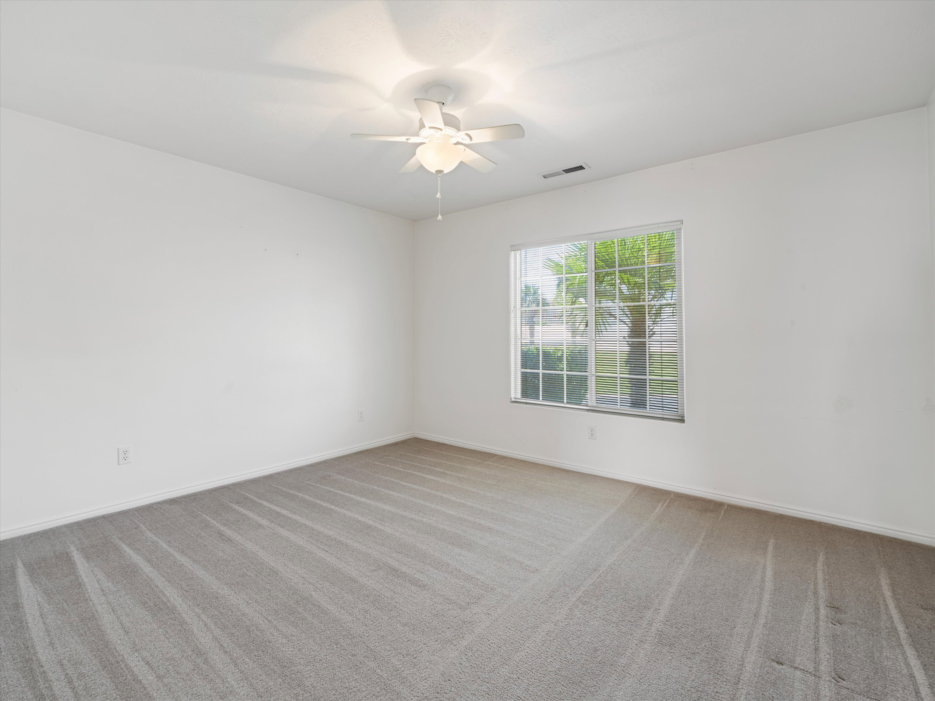 Bright room featuring a large window with horizontal blinds, overhead ceiling fan with lighting, carpet flooring, and white baseboards