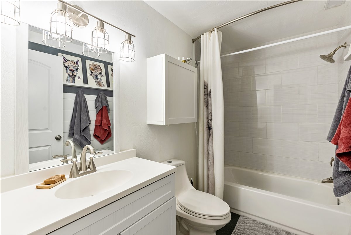 Bathroom featuring a white vanity with a single basin sink, brushed nickel faucet, and a large mirror
