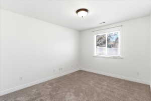 Carpeted room with a ceiling-mounted light fixture, a window with blinds, and white baseboards