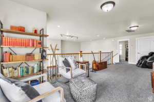 Spacious loft area featuring light gray carpeting, a built-in metal and wood bookshelf, a wood-finish railing with black spindles, recessed lighting, and a white interior door