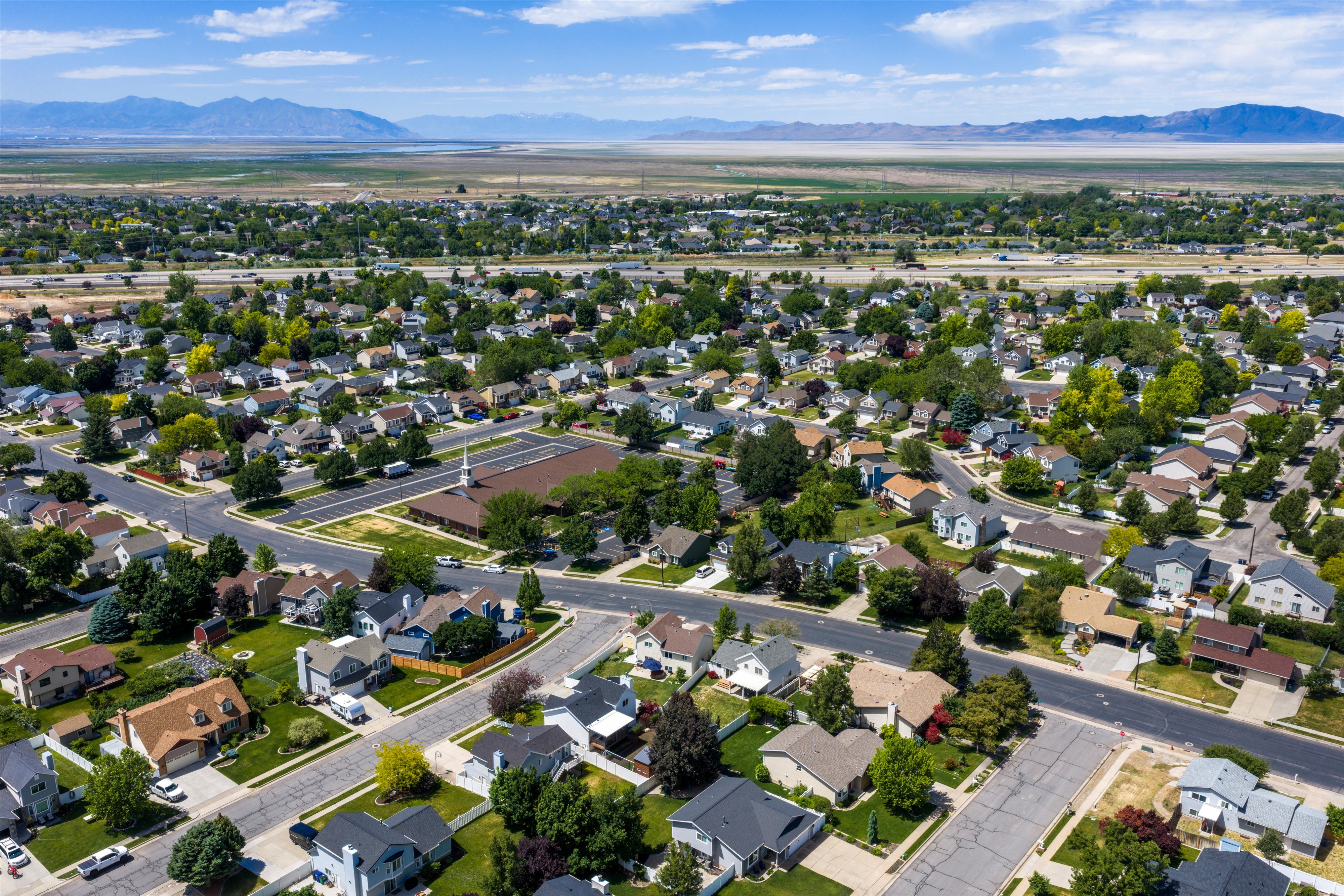 Aerial perspective showcasing a residential area with diverse home styles and mature landscaping