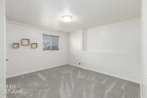 Neutral interior space featuring light gray patterned carpeting, white painted walls with a chair rail, and a flush mount ceiling light