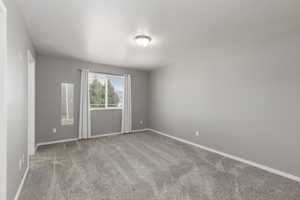 Spacious interior room featuring light gray walls, plush gray carpeting, and a flush-mount ceiling light fixture