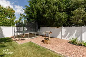 Private backyard featuring a well-maintained lawn, white privacy fencing, and mature perimeter trees