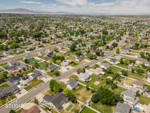 Aerial perspective showcasing a residential area with varied housing styles