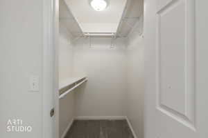 Walk-in closet featuring wire shelving, hanging rods, and neutral-toned carpeting