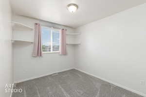 Bright room featuring a window with blinds, carpet flooring, a ceiling-mounted light fixture, and built-in shelving