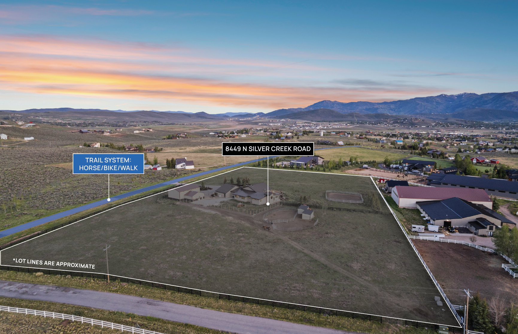 Expansive acreage property featuring a main residence, additional structures, and a dedicated trail system for horse, bike, and walk activities