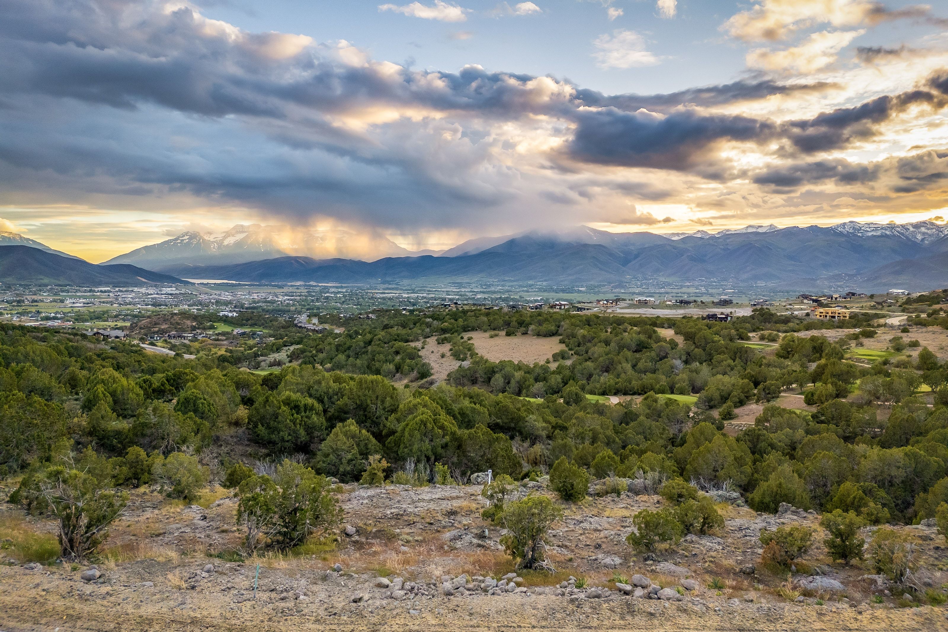 Expansive mountain valley landscape with a distant city, snow-capped peaks, and extensive natural foliage