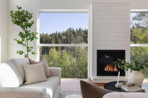 Fireplace with shiplap surround, large windows, and light wood-finish flooring