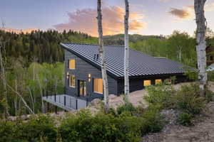 Modern architectural design featuring dark vertical siding and a black metal roof