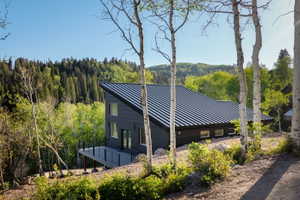 Modern architecture featuring dark horizontal siding and a striking sloped metal roof
