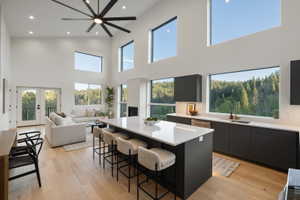 Open-concept living space with vaulted ceilings and wood-finish flooring