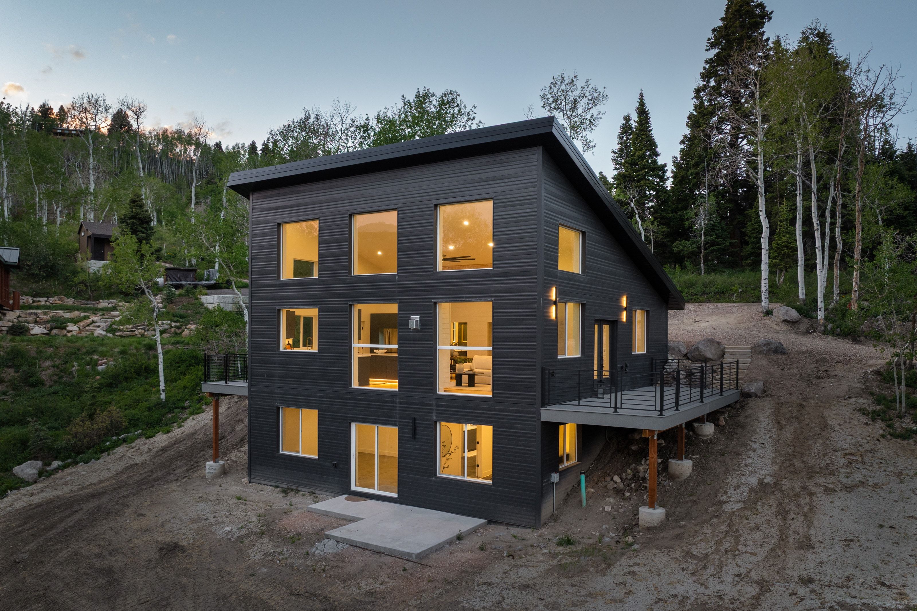 Contemporary exterior featuring dark horizontal siding and a distinctive sloped roofline