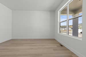 Spacious room featuring light wood-finish flooring, a large multi-pane window, bright white walls, and substantial white baseboards