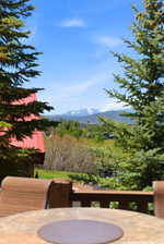 Outdoor deck area with a stone-finish table, offering distant mountain scenery and mature evergreen trees