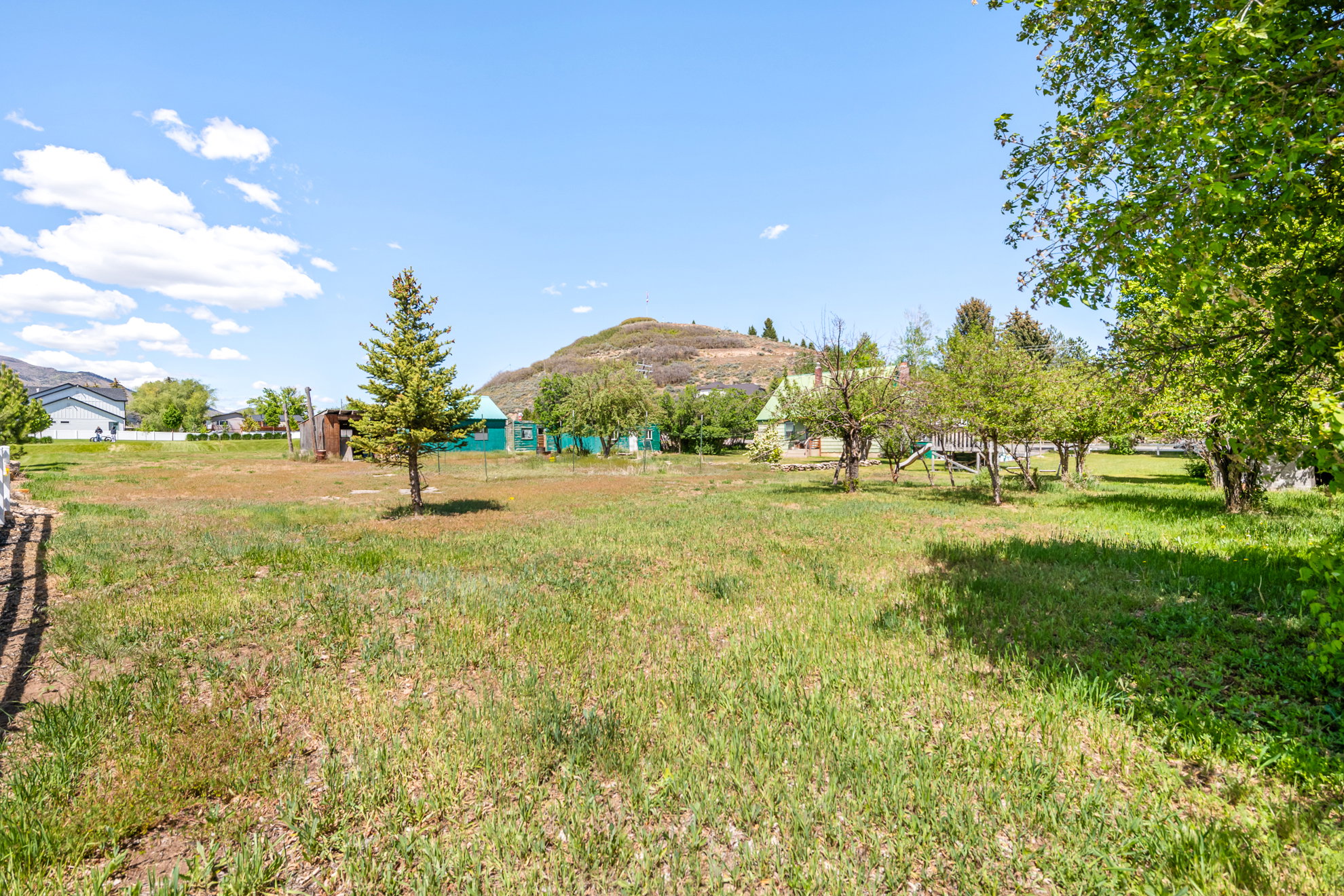 Expansive property featuring a grassy lot, mature deciduous trees, and a distant mountain backdrop