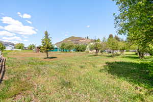 Expansive property featuring a grassy lot, mature deciduous trees, and a distant mountain backdrop