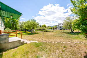 Spacious backyard with a partial stone perimeter, mature trees, and a distant mountain range