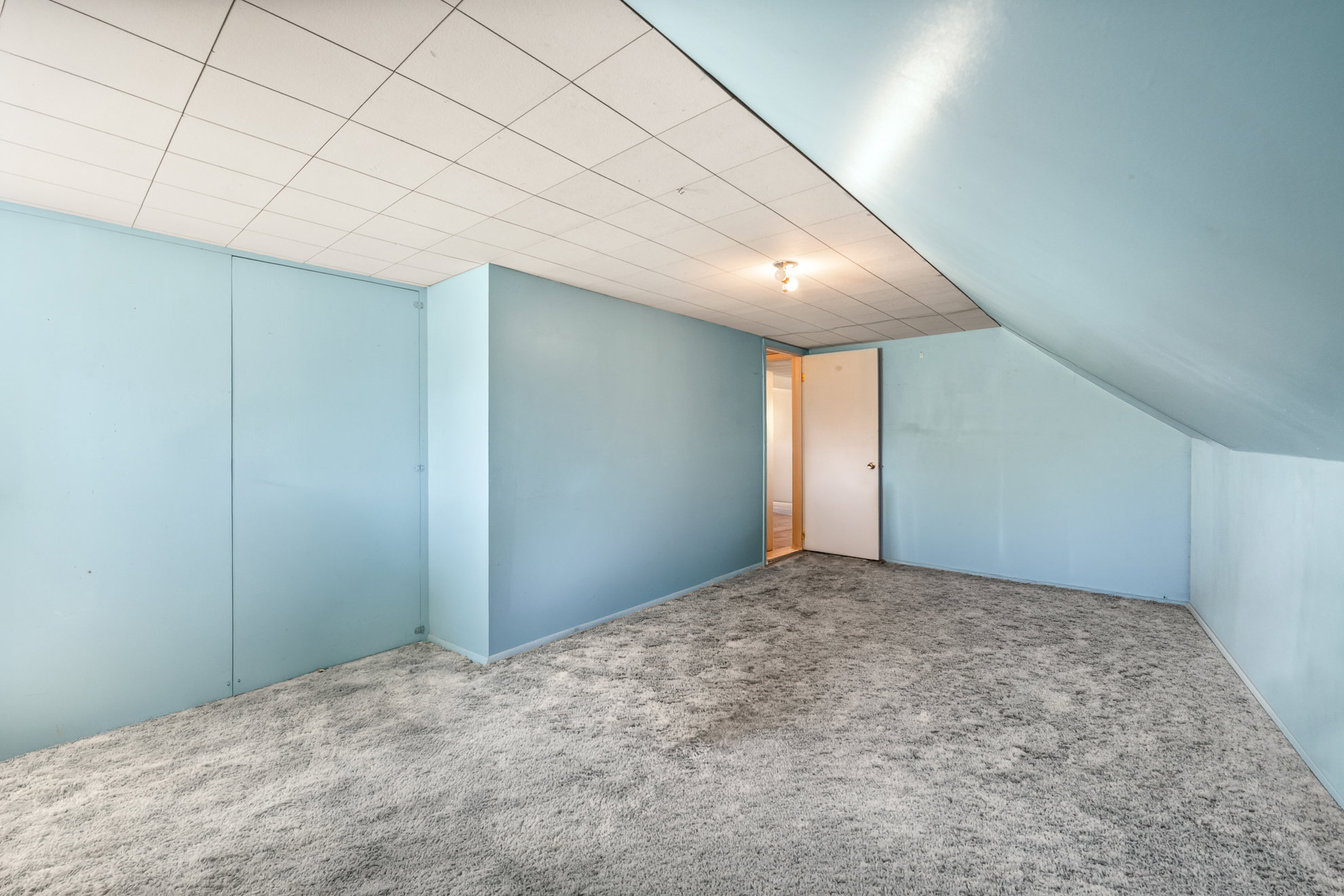 Carpeted room featuring light blue walls, a white door, and a drop ceiling with a central light fixture