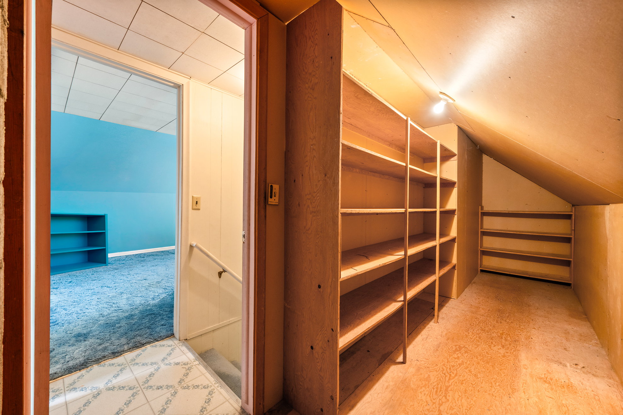 Attic storage area featuring built-in shelving, sloped ceiling, and overhead lighting