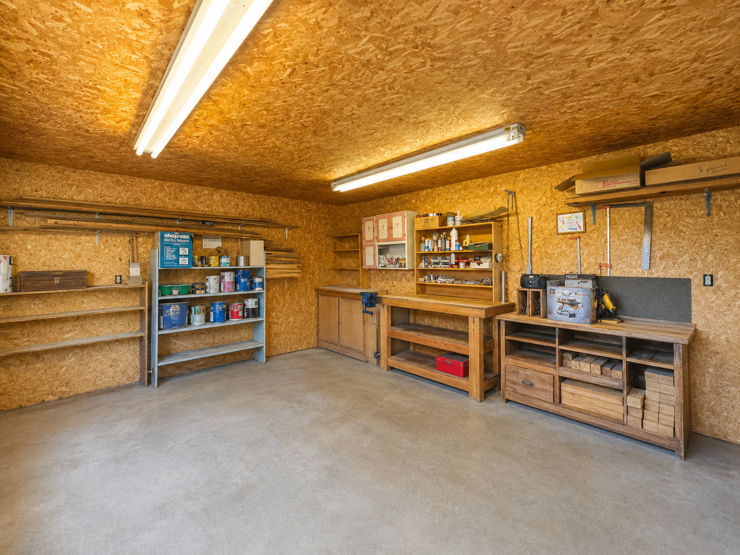 Garage workshop featuring oriented strand board walls and ceiling