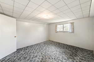 Carpeted room with white walls, a single window, and a ceiling light fixture