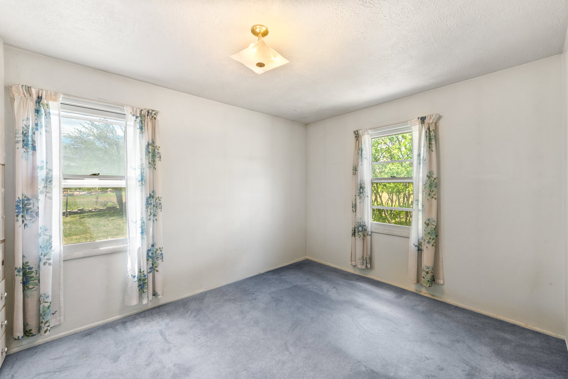 Carpeted room with white walls, two double-hung windows, and a flush-mount ceiling light fixture