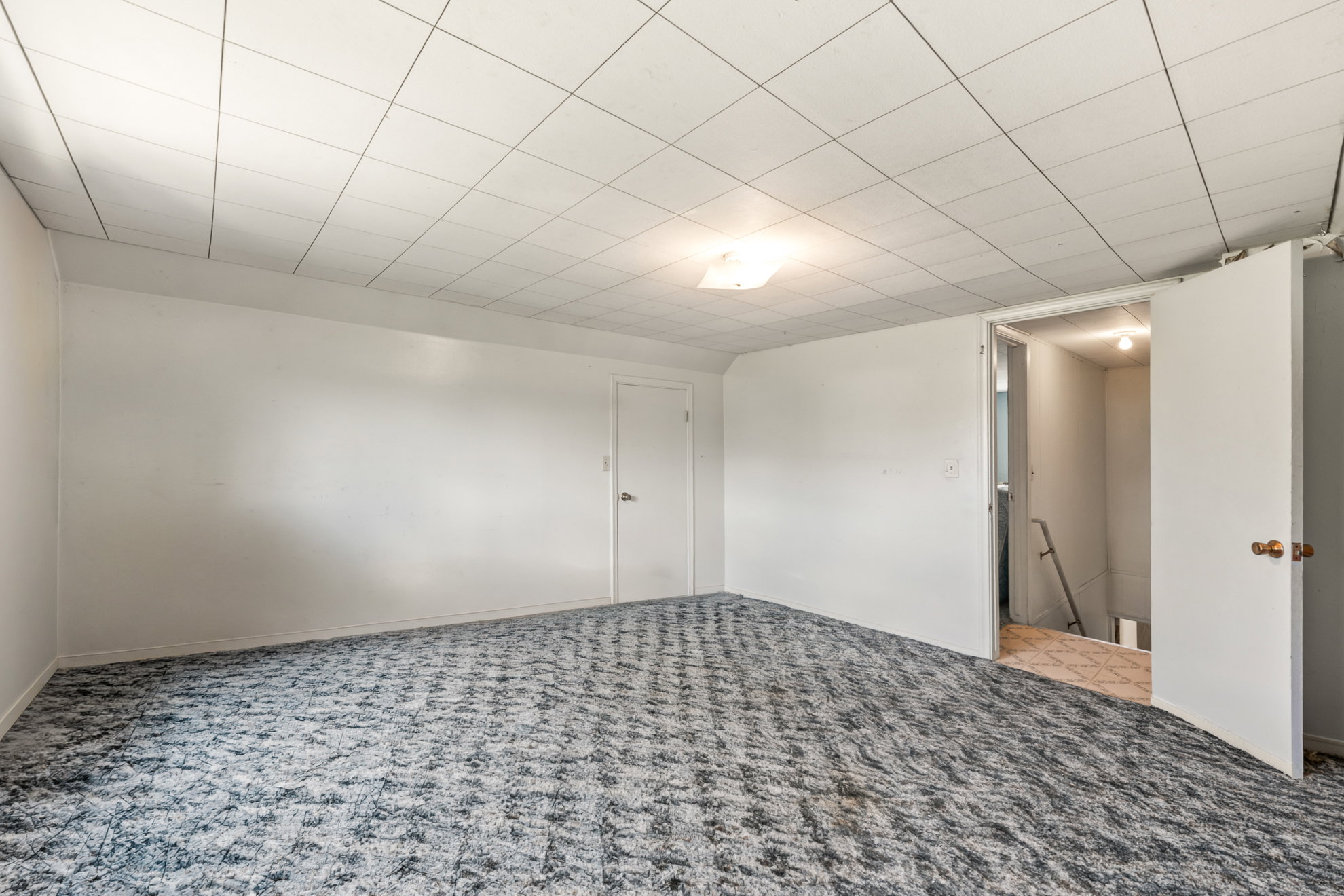 Spacious room featuring textured carpeting, white painted walls, and a dropped ceiling with recessed lighting